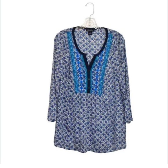 Lucky Brand Boho Blue Print Top Women XS - Picture 2 of 10